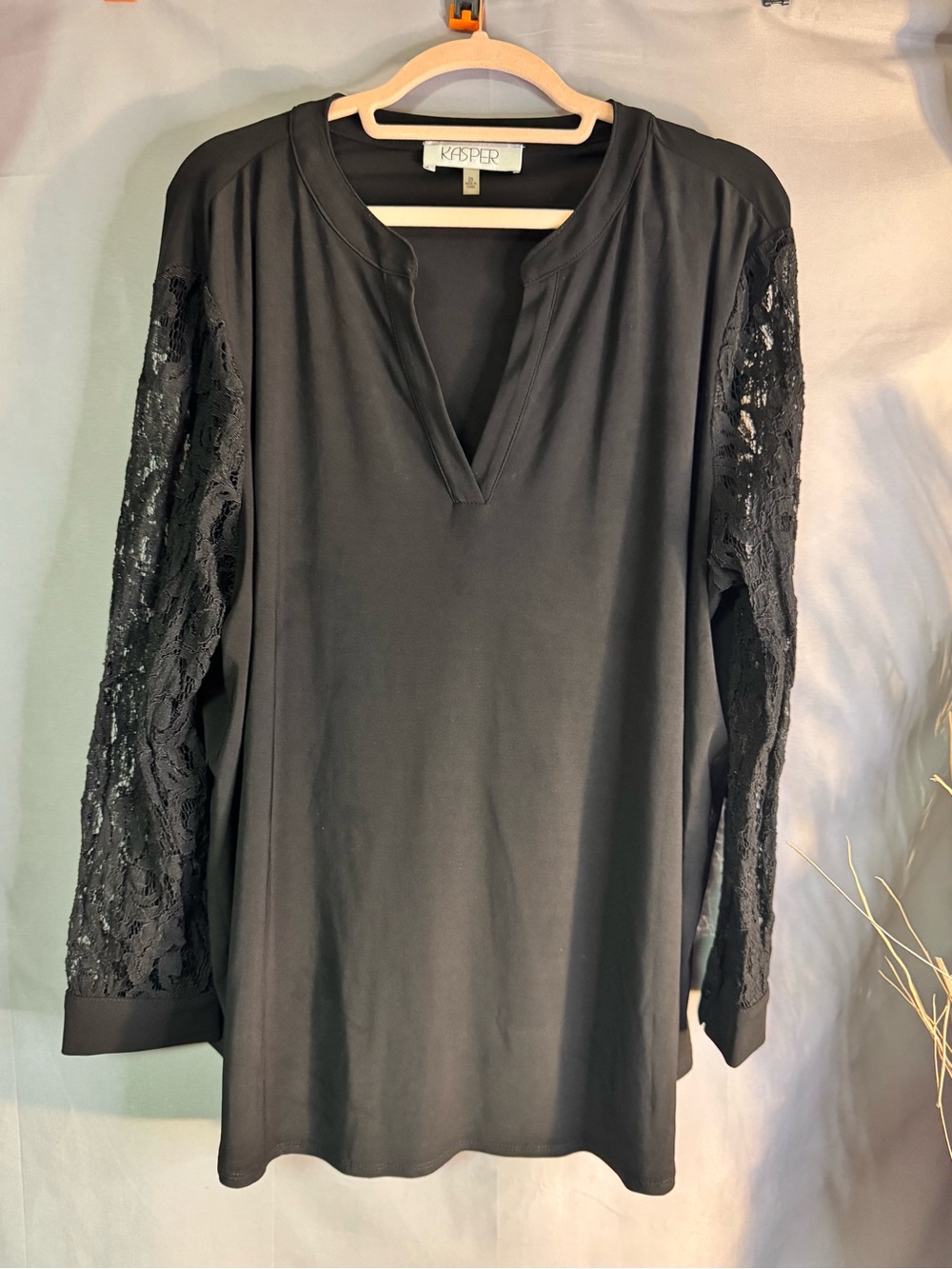 Kasper Black Lace-Sleeve V-Neck Tunic blouse